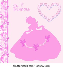 Vector illustration - a silhouette of a cute girl princess with a decoration from bows and beads, a heart made of pearls, a vertical border of many flowers and a ribbon with bows, the word princess