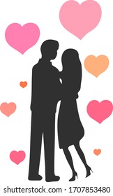 vector illustration of a silhouette of a dancing man and woman embracing and colored hearts around