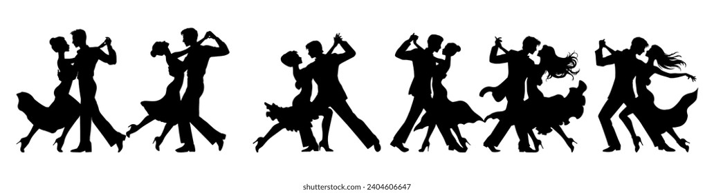 Ilustración vectorial. Silhouette de gente bailarina. Un par de amantes. Vals de tango.