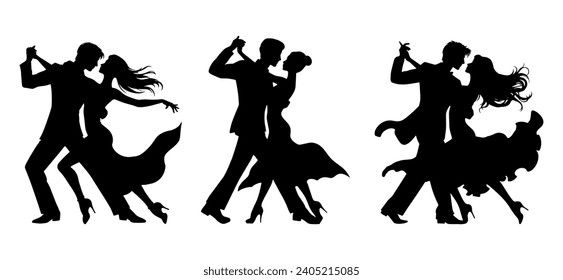 Ilustración vectorial. Silhouette de gente bailarina. Un par de amantes. Vals de tango.