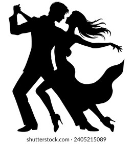 Vector illustration. Silhouette of dancing people. Couple of lovers. Tango waltz.