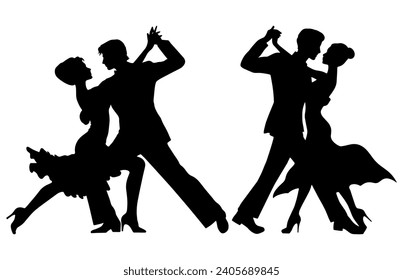 Vector illustration. Silhouette of dancing people. Couple of lovers. Tango waltz.