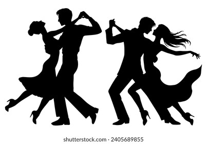 Vector illustration. Silhouette of dancing people. Couple of lovers. Tango waltz.