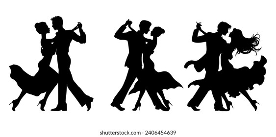 Vector illustration. Silhouette of dancing people. Couple of lovers. Tango waltz.