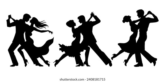 Vector illustration. Silhouette of dancing people. Couple of lovers. Tango waltz.