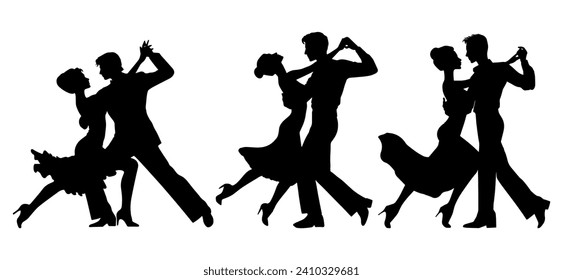 Vector illustration. Silhouette of dancing people. Couple of lovers. Tango waltz.