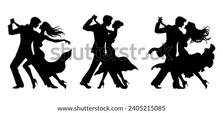 Vector illustration. Silhouette of dancing people. Couple of lovers. Tango waltz.