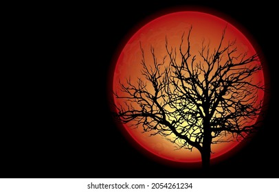 Vektorgrafik der Silhouette von totem Baum vor Vollmond oder Vollmond in dunkler Nacht, Natur nächtliche Landschaft, auf schwarzem Hintergrund, Celebrate, Fantasy, Happy Halloween, Moonlight Konzept.