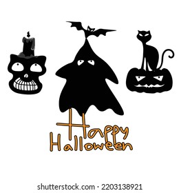 Vector illustration of silhouette decoration with hand writing word happy Halloween on white background