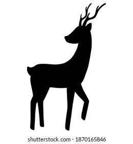 Vector illustration. Silhouette of deer with horns on white. Christmas decoration element. Ideal for baby projects, collage, cards, book illustrations, banners. Hand drawn doodle clipart. Flat style.