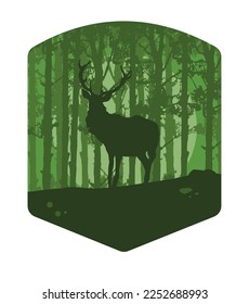 vector illustration of a silhouette of a deer standing among trees