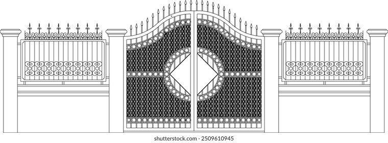 Vector illustration silhouette design detail construction sketch of classic vintage ethnic fence gate copy