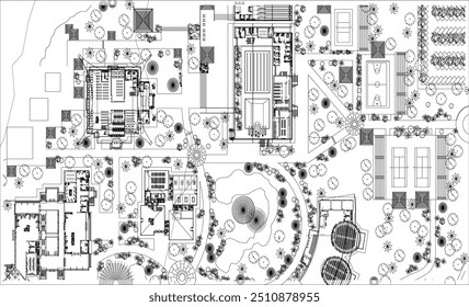 Vector illustration silhouette design detail background layout plan siteplan landscape city park metropolis full of plants