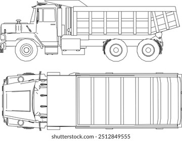 Diseño de la silueta de la Ilustración vectorial del vehículo de transporte detallado del remolque del camión de la construcción con el cuerpo abierto del envase para la entrega material