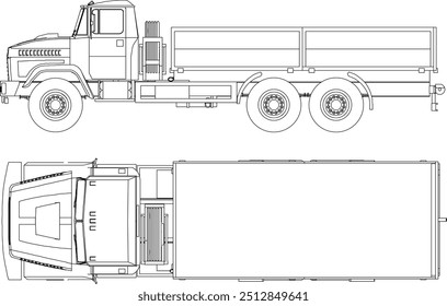 Projeto de silhueta de ilustração de vetor do veículo de transporte detalhado do reboque do caminhão da construção com o corpo do recipiente aberto para a entrega do material