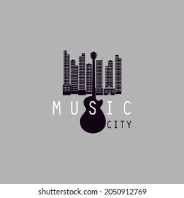 Vector illustration silhouette design guitar and city landscape for logo or icon 