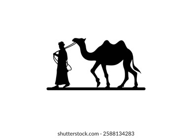 Vector illustration of silhouette design of person walking with bactrian camel on rope