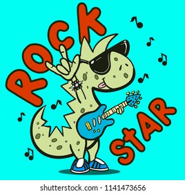 Vector illustration with a silhouette of a dinosaur with a guitar and the inscription is a Quote- "a Rock star."An inspirational typography poster.