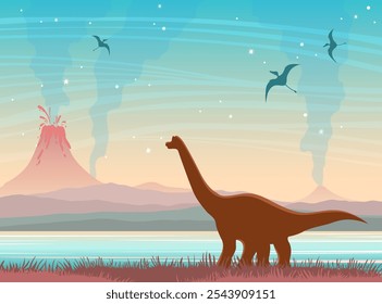 Ilustração vetorial com silhueta de dinossauros, lago azul e vulcão em erupção no céu estrelado da noite. Paisagem pré-histórica. Natureza no período Jurássico.