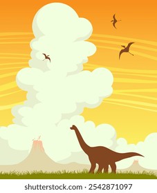 Ilustração vetorial com silhueta de dinossauros, grama verde e vulcão em erupção no céu nublado por do sol. Paisagem pré-histórica. Natureza no período Jurássico.