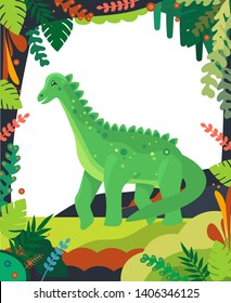 Vector illustration of silhouette of dinosaurs on the Jurassic period landscape with mountains, tropical plants in flat cartoon style.