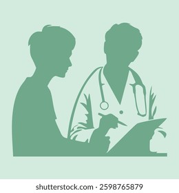 Vector illustration of silhouette of doctor and patient discussing patient's illness
