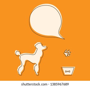 Vector illustration with silhouette of dog, bowl, animal track. Health care, vet, nutrition, exhibition. Design element for websites, banner, poster or print.