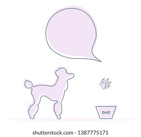 Vector illustration with silhouette of dog, bowl, animal track. Health care, vet, nutrition, exhibition. Design element for websites, banner, poster or print.