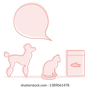Vector illustration with silhouette of dog, cat, fish food. Health care, vet, nutrition, exhibition. Design element for websites, banner, poster or print.