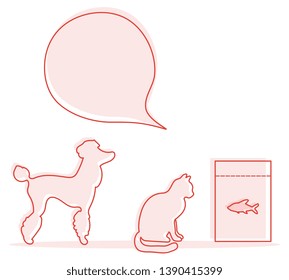 Vector illustration with silhouette of dog, cat, fish food. Health care, vet, nutrition, exhibition. Design element for websites, banner, poster or print.