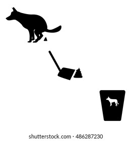 Vector illustration of a silhouette of the dog goes to the toilet. Isolated on white background. The concept of cleaning for pets. Basket for animals.