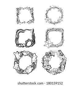 Vector illustration.  silhouette Doodle set of frames on the marine theme