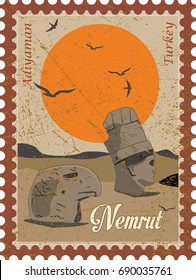 Vector illustration and silhouette drawing Adiyaman, Turkey - Vintage Nemrut Mountain Poster Design