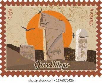 Vector illustration and silhouette drawing Gobeklitepe, Urfa, Turkey - vintage. UNESCO cultural heritage. Gobekli tepe in TURKEY.  the world's first temple. oldest work. neolithic period. t columns. 