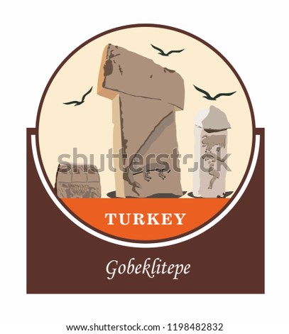 Vector illustration and silhouette drawing Gobeklitepe, Urfa, Turkey - vintage. UNESCO cultural heritage. Gobekli tepe in TURKEY.  the world's first temple. oldest work. neolithic period. t columns. 