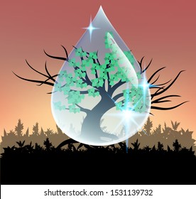 Silueta vectorial de un árbol seco y un matorral de hierba sobre el fondo de la sequía que da vida a la gota de agua, lluvia