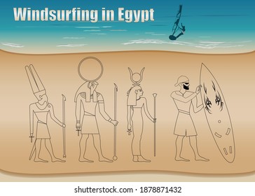 Vector illustration. Silhouette of egyptian god  and silhouette of surfer in  in ancient Egyptian style, sea,  windsurfer  and the inscription “Windsurfing in Egypt” on background