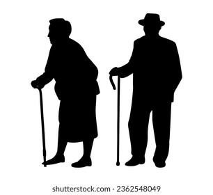 Vector illustration. Silhouette of an elderly couple. A man in a hat. Woman with a cane.