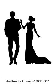 Vector illustration. Silhouette of a elegant couple man and woman in fancy clothes.