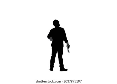 Vector illustration Silhouette of Engineer in hard hat, worker holding building level on white background