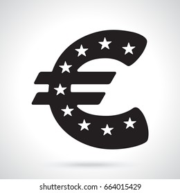 Vector illustration. Silhouette of European euro sign with stars. The symbol of world currencies. Decoration for menus, signboards, showcases, posters, wallpapers and interfaces