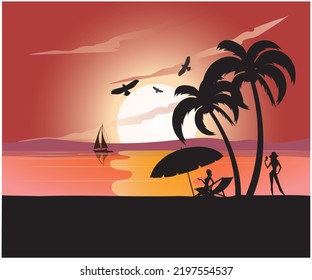 Vector illustration of a silhouette of an evening landscape.