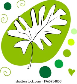 Silueta de ilustración vectorial de una hoja exótica con puntos abstractos verdes coloridos sobre un fondo blanco
