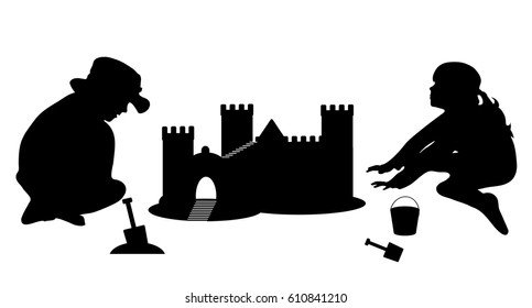 Vector illustration silhouette of a fantasy sandcastle with children