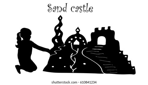 Vector illustration silhouette of a fantasy sandcastle with girl