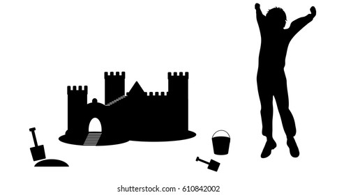 Vector illustration silhouette of a fantasy sandcastle with boy