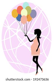 Vector illustration of  Silhouette of a fashionable pregnant woman with balloons