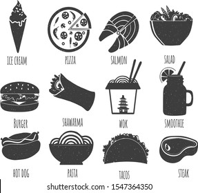 Vector Illustration Of Silhouette Fast Food Restaurant Icons Set. Ice Cream, Pizza, Salmon, Salad, Burger, Shawarma, Kebab, Wok, Smoothie, Hot Dog, Seafood, Pasta, Taco, Steak. Vintage Hand Drawn