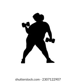 Vector illustration. Silhouette of a fat girl with dumbbells in her hands. Slimming. Healthy lifestyle.
