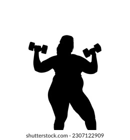 Vector illustration. Silhouette of a fat girl with dumbbells in her hands. Slimming. Healthy lifestyle.